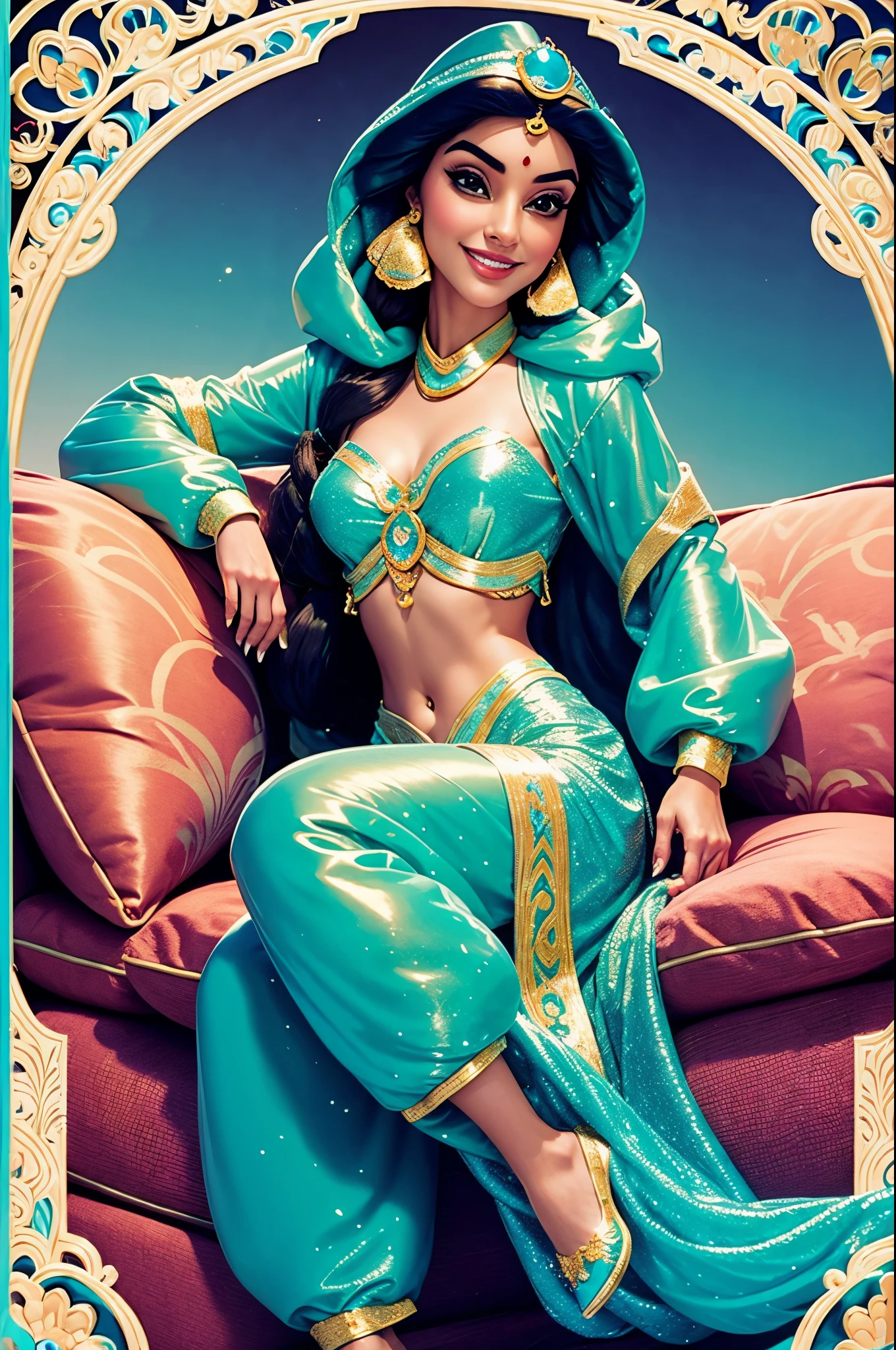 Princess Jasmine smiling very long hair. wearing on a long shiny plastic puffer jacket. she wears traditional Arab pants made of very shiny plastic. she is sitting on a very shiny plastic padded sofa. she and barefoot.