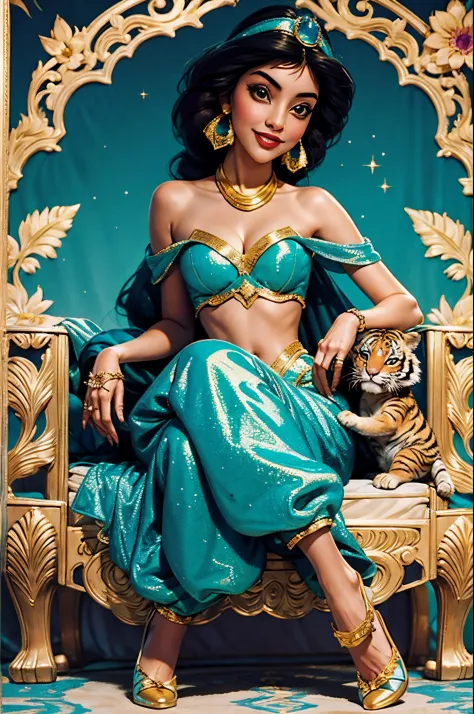 Princess Jasmine holding 1 cute tiger.1girl, solo, looking at viewer, smile, shirt, bare shoulders, jewelry, sitting, full body,...