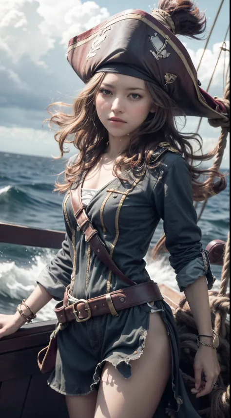 (masterpiece, best quality, award winning, highres), 1 beautiful female pirate, skinny, tall, pirate hat, intricate pirate cloth...