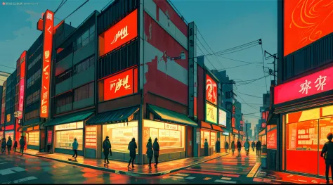 map of modern japanese city，presented in the form of illustration art，neon signs, advertisements in front of some of the stores,...