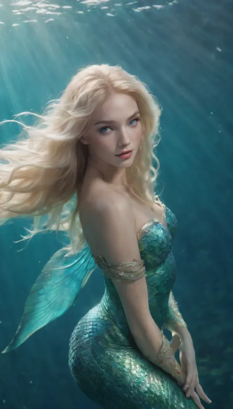 (professional 3d render:1.3) ((Mermaid swims all over)) (Realistic:1.3) most beautiful artwork photo in the world，(((Blond long hair))), ((Blue eyes)), Caucasians, ((long mermaid tail)), (((Detailed mermaid fins))), full body, sport, Features: Soft and shi...