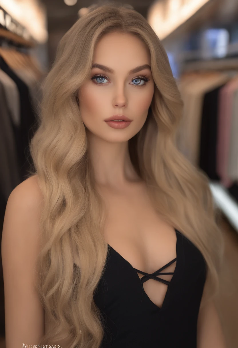 A woman with long blonde hair and blue eyes posing in a store - SeaArt AI