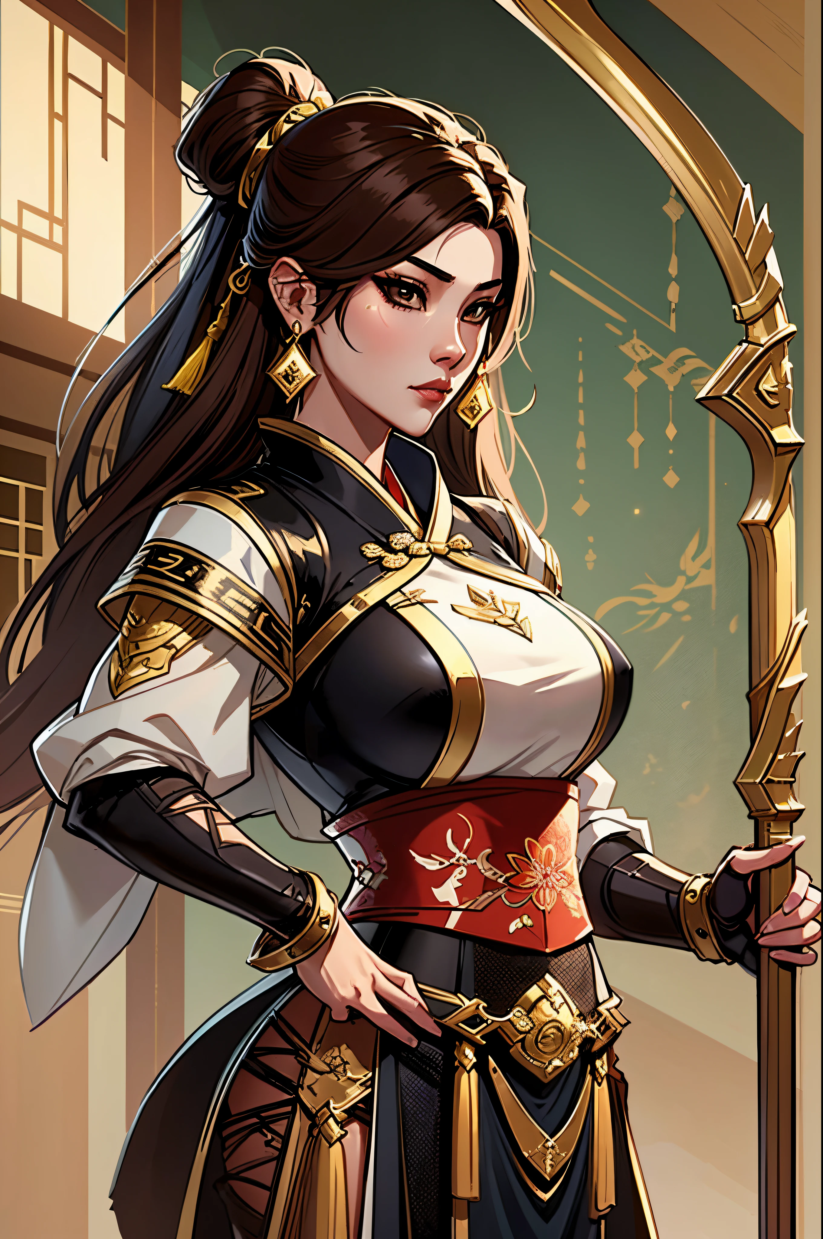 a close up of a woman in her 30's, with brown eyes and brown hair, wearing a black and tan desert clothes, a heroine with brown eyes, female holding bow and arrow, female archer with bow and arrow, standing in a japanese temple, new costume concept design, in the style of blade and soul, full body character concept, detailed character design, inspired by Yang Jin, inspired by Li Mei-Shu, chinese costume, inspired by Lan Ying, inspired by Sim Sa-Jeong, inspired by Li Tang, lunar themed attire, costume with gold accents, inspired by Ju Lian, colored concept art, highly detailed character design, highly detailed face, inspired by Ai Xuan, very highly detailed face, unreal engine render, final fantasy 14 style, inspired by Leng Mei