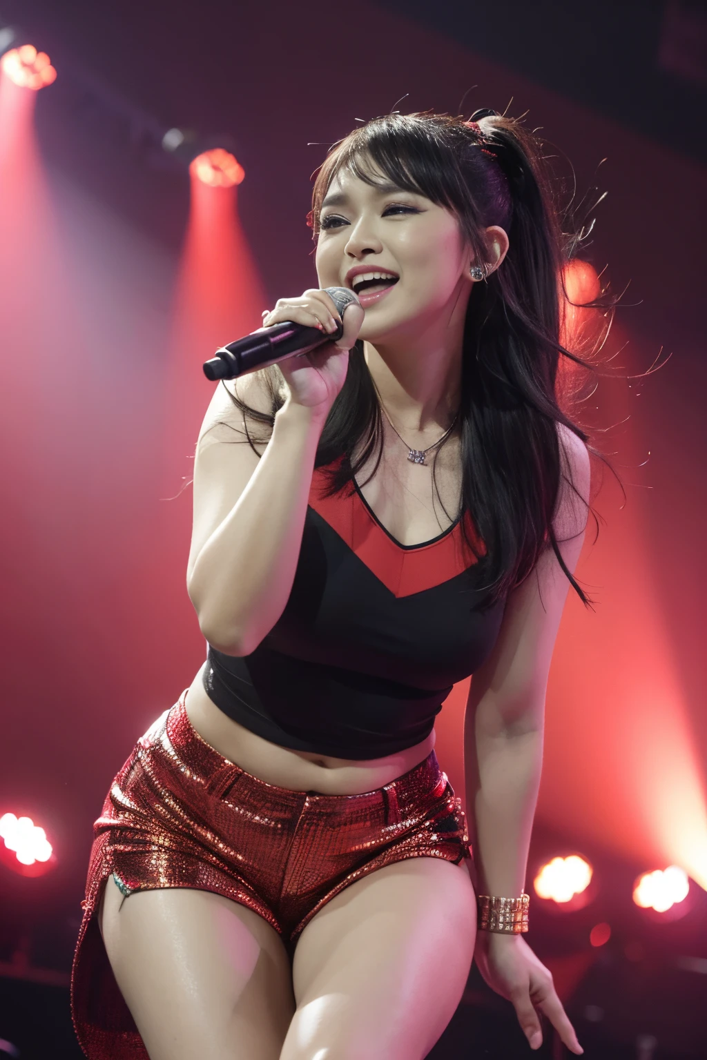 8k, highest quality, ultra details, Indonesian singer named Gladys, music, performance, pop genre, catchy melodies, infectious energy, crowd-pleasing performance.