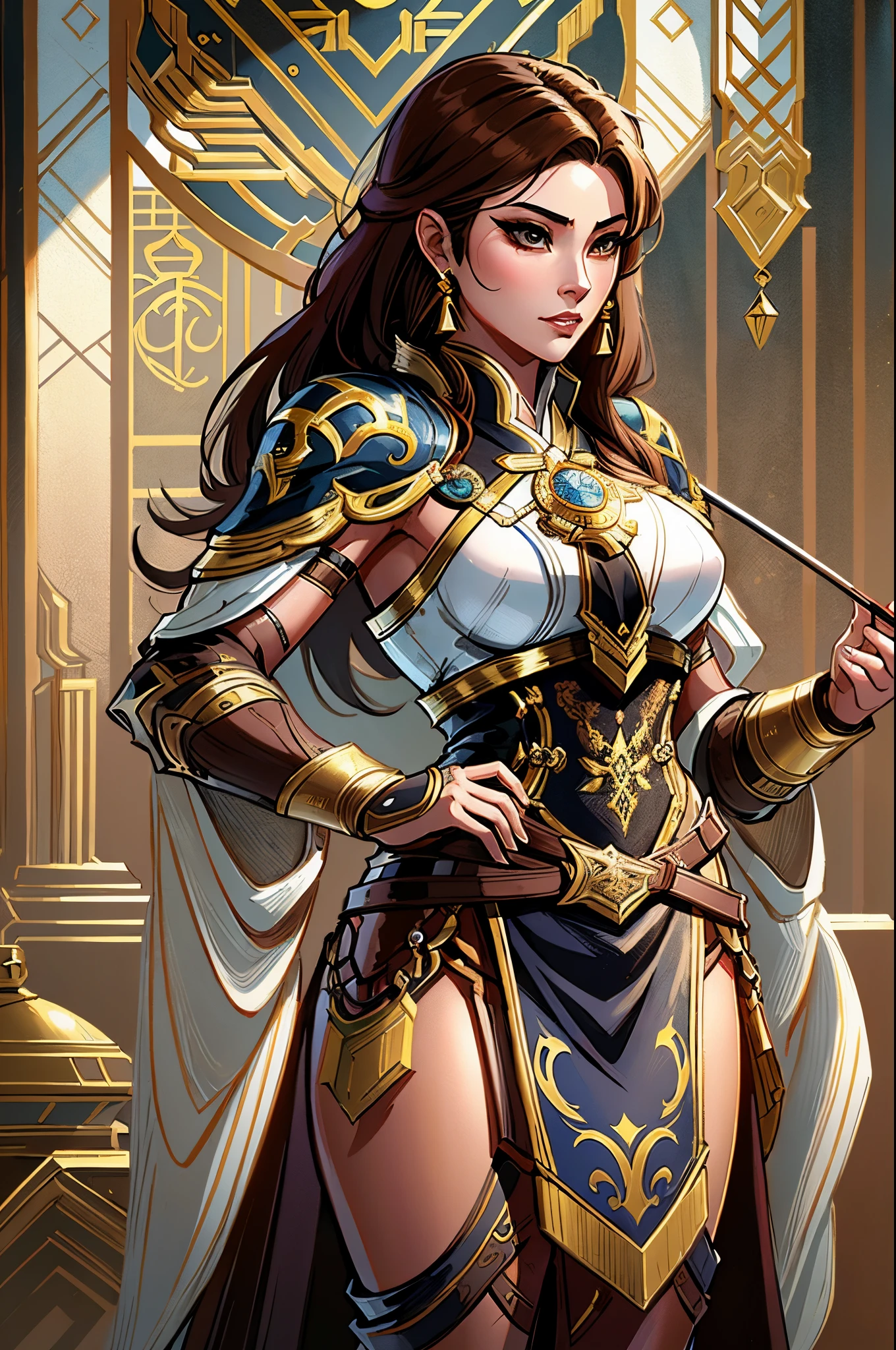 a close up of a woman in her 30's, with brown eyes and brown hair, wearing a black and tan arabian styled clothes, a heroine with brown eyes, female holding bow and arrow, female archer with bow and arrow, standing in an arabian temple, new costume concept design, in the style of blade and soul, full body character concept, detailed character design, inspired by Yang Jin, inspired by Li Mei-Shu, chinese costume, inspired by Lan Ying, inspired by Sim Sa-Jeong, inspired by Li Tang, lunar themed attire, costume with gold accents, inspired by Ju Lian, colored concept art, highly detailed character design, highly detailed face, inspired by Ai Xuan, very highly detailed face, unreal engine render, final fantasy 14 style, inspired by Leng Mei