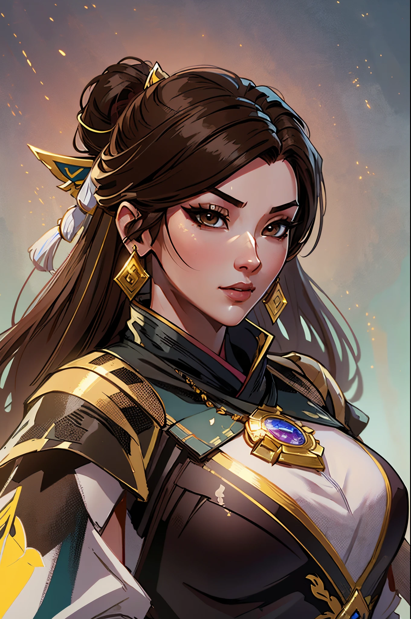 a close up of a woman in her 30's, with brown eyes and brown hair, wearing a black and tan arabian clothes, a heroine with brown eyes, female holding bow and arrow, female archer with bow and arrow, standing in an arabian temple, new costume concept design, in the style of blade and soul, full body character concept, detailed character design, inspired by Yang Jin, inspired by Li Mei-Shu, chinese costume, inspired by Lan Ying, inspired by Sim Sa-Jeong, inspired by Li Tang, lunar themed attire, costume with gold accents, inspired by Ju Lian, colored concept art, highly detailed character design, highly detailed face, inspired by Ai Xuan, very highly detailed face, unreal engine render, final fantasy 14 style, inspired by Leng Mei