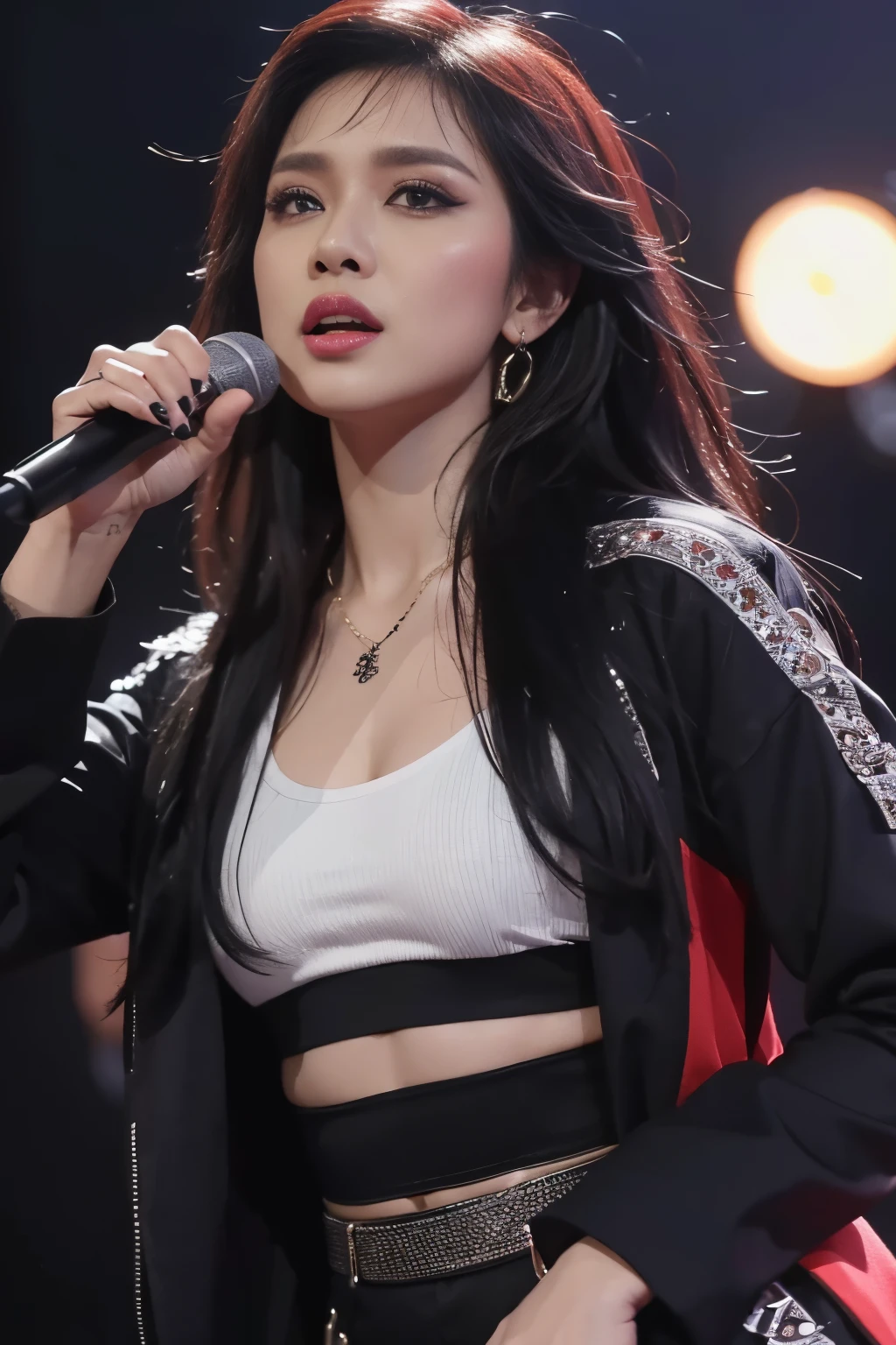 8k, highest quality, ultra details, Indonesian singer named Gladys, music, performance, urban street style, R&B influences, confident and charismatic stage persona, music videos, youtube videos, mecucu