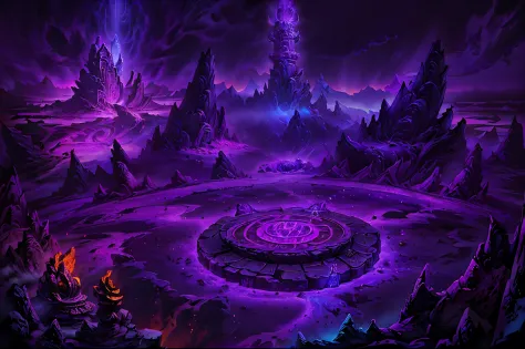 intricate detailed masterpiece, landscape, gufengmap, cosmic background, darkness, fire, hellscape, volcano, ancient ruins, glowing purple magic runes, ethereal