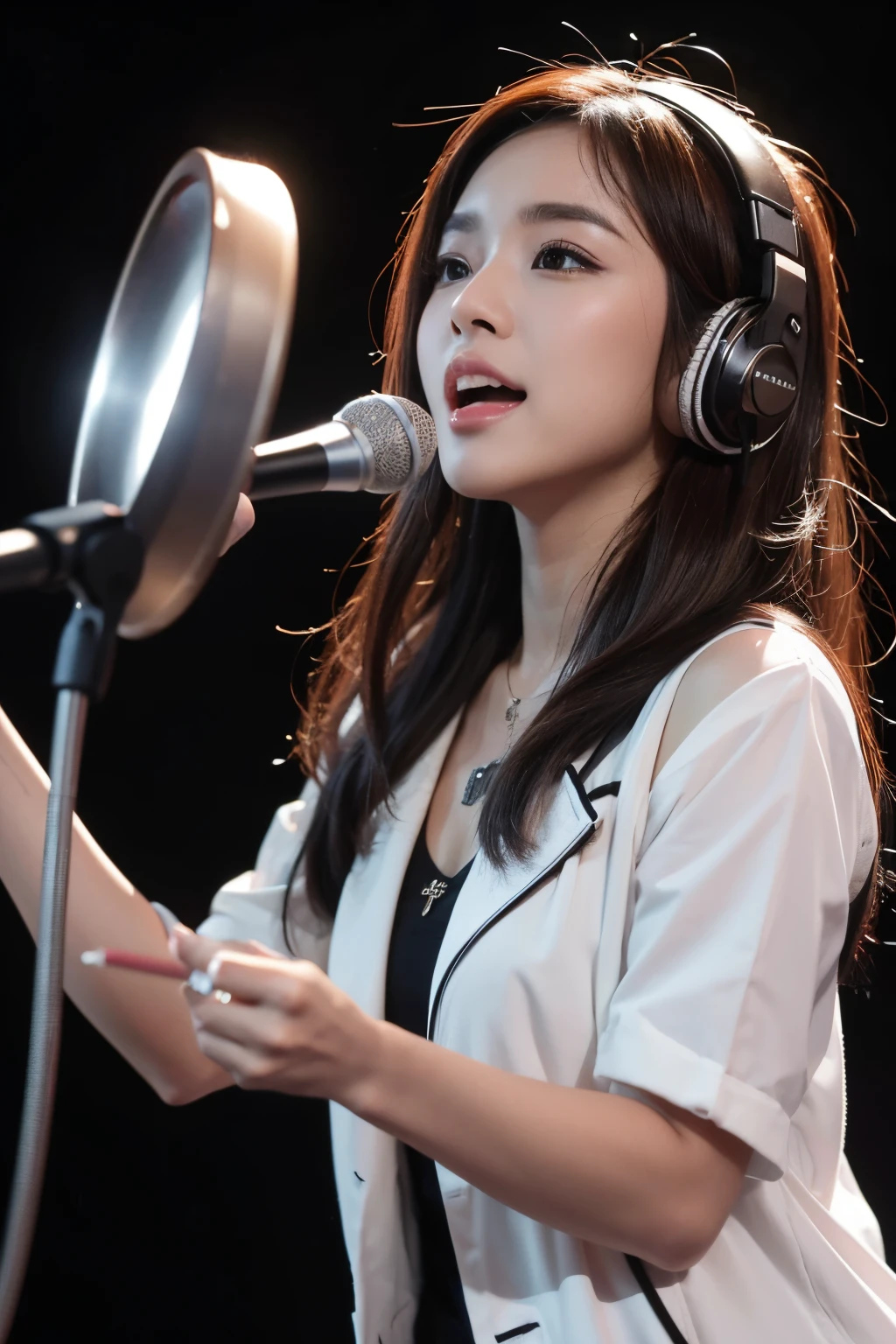 8k, highest quality, ultra details, Indonesian singer named Sella, music, performance, studio recording, headphones, microphone, passionate expression.