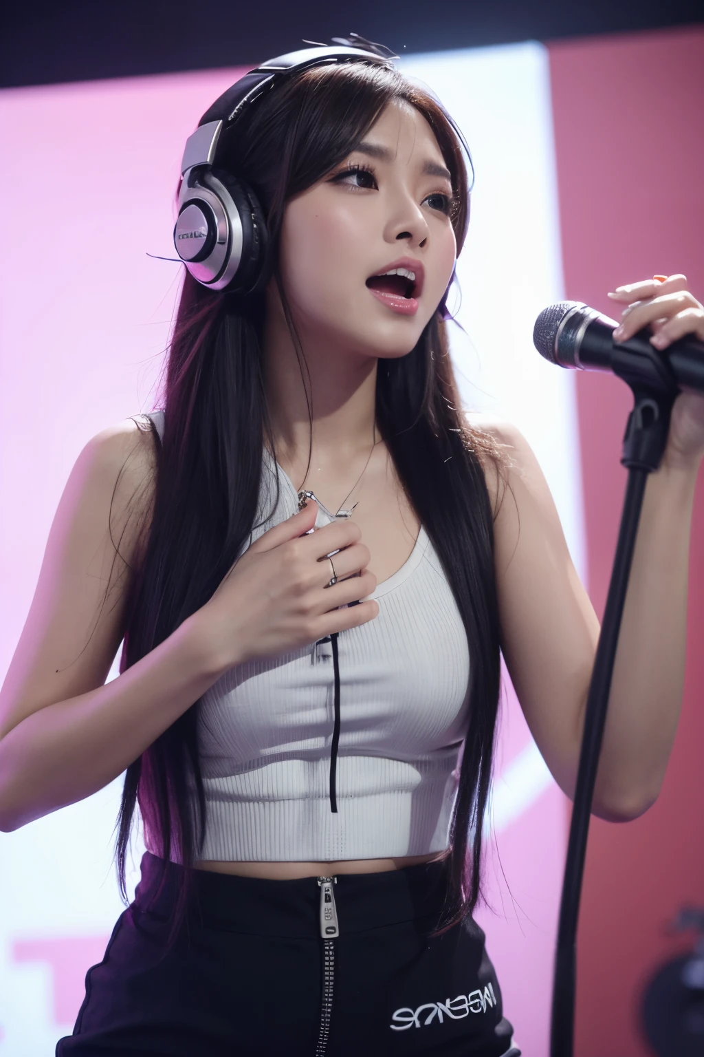 8k, highest quality, ultra details, Indonesian singer named Sella, music, performance, studio recording, headphones, microphone, passionate expression.