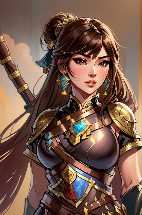a close up of a woman in her 30's, with brown eyes and brown hair, wearing a black and tan arabian clothes, a heroine with brown...