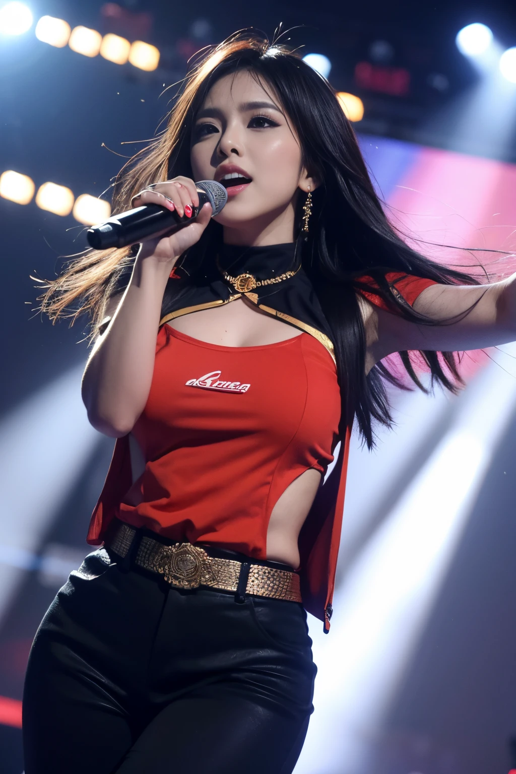 8k, highest quality, ultra details, Indonesian singer named Sella, music, performance, stage, vibrant outfit, powerful vocals, captivating presence.