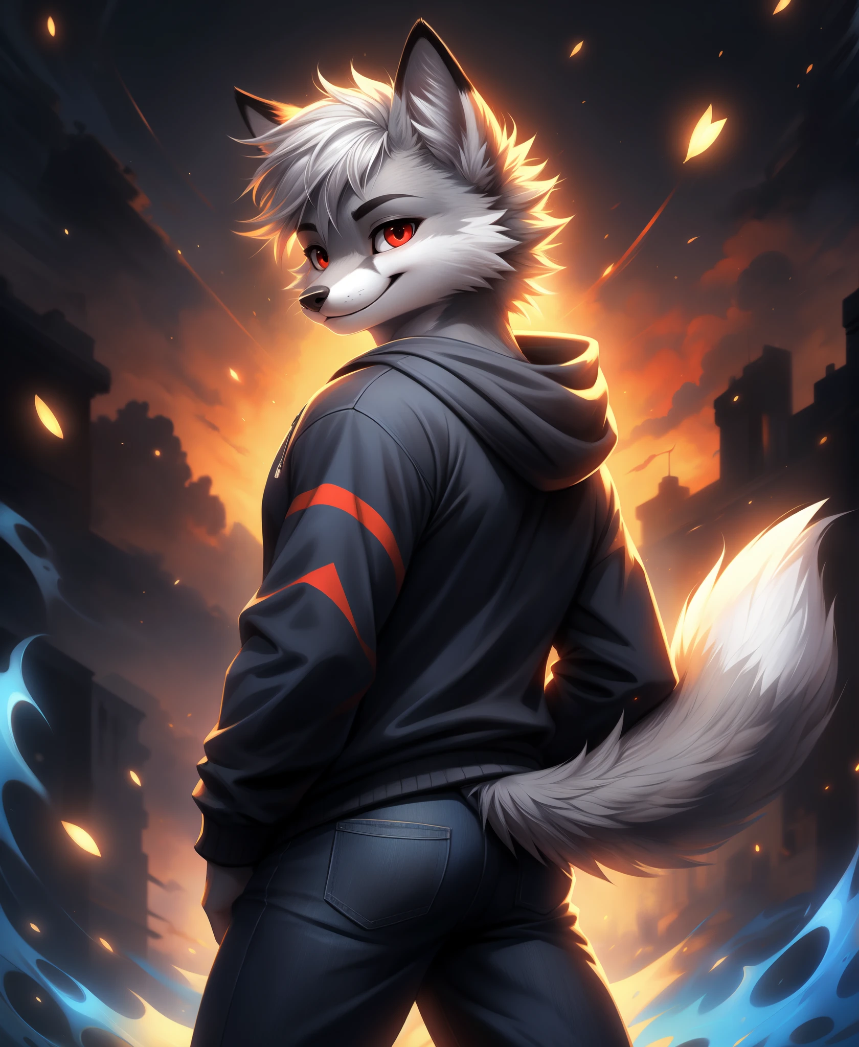 (anthro fox, muscular, wavy hairs}:1.2),
smiling
(good lights, good colors, good composition, monocolor,:1.2)
masterpiece, aestheticcartoon,
bestart, cartoon,
(cute:0.1),
morning, rim lights
bestart, masterpiece, extremely detailed furs, 8k,  soft fur, perfect composition, detailed shading, dynamic pattern with accents, detailed style, soft, vibrant colors,
good face, furry, gorgeous eyes, portrait,
long fluffy tail, smiling, (cute:0.1),
back view, looking back,
,
bandana,
,
,
,
glowing patterns,
(white and gray furs, white and gray hairs:1.3) with complex patterns,
,
slightly muscular,
(hoodie:1.2),
sexy pose,
dynamic scene,
dynamic abstract background,
teenager, musculegs,
blue jean,
(:1.2),
(monocolor red, red eyes:1.2),
BREAK,
playing football,