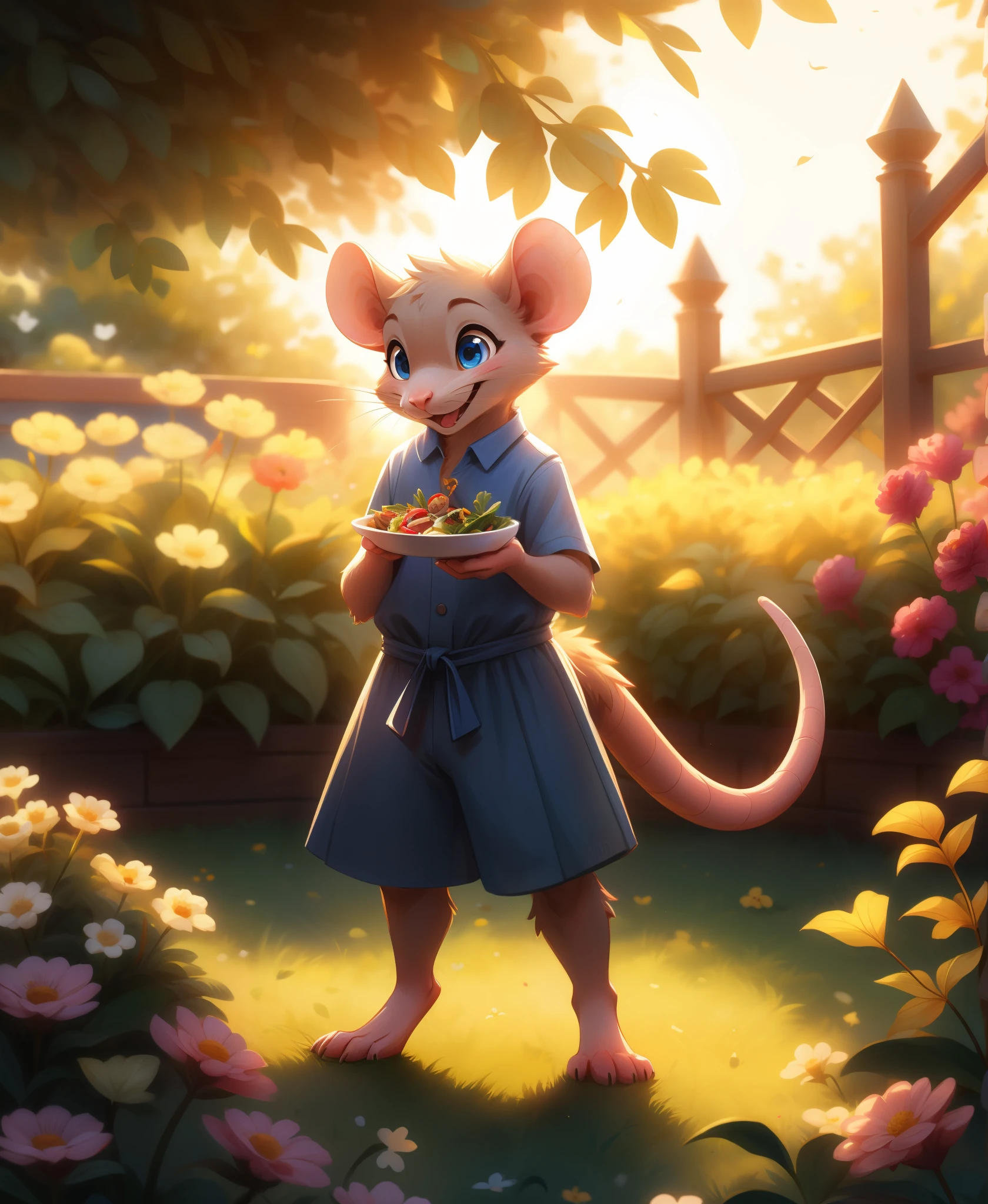 anthro rat standing in a garden, smiling, gorgeous eyes, whole body, dynamic pose, eating salade, morning, cute, happy, goodstuffV1