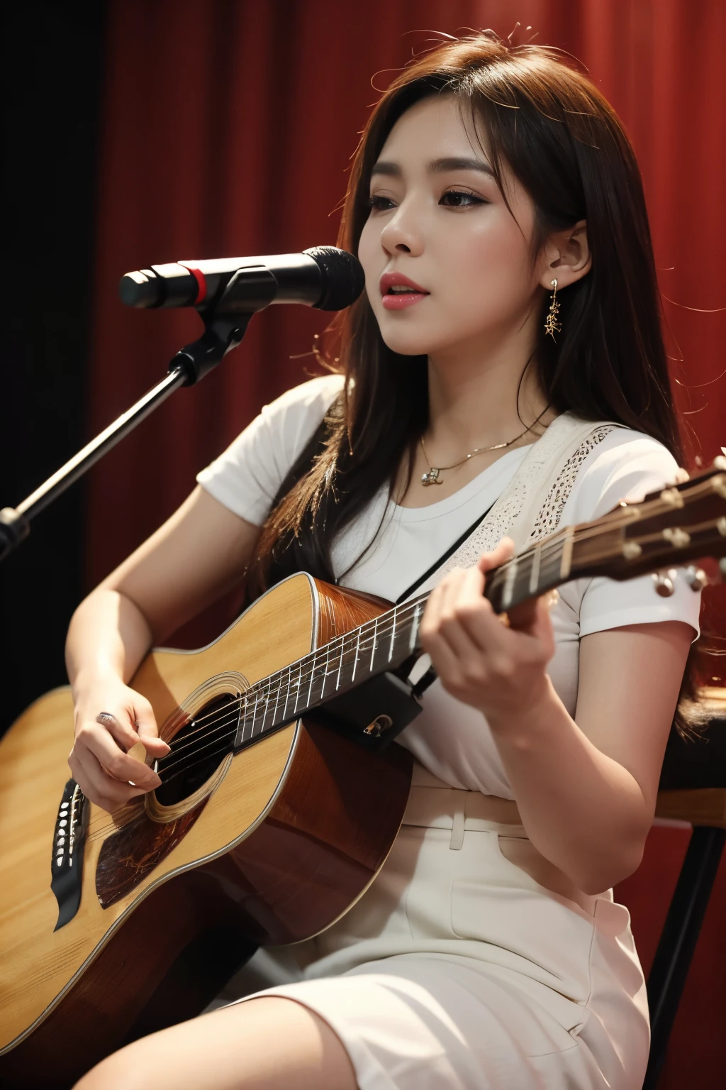 8k, highest quality, ultra details, Indonesian singer named Sella, music, performance, acoustic guitar, intimate setting, soulful voice, emotional performance.