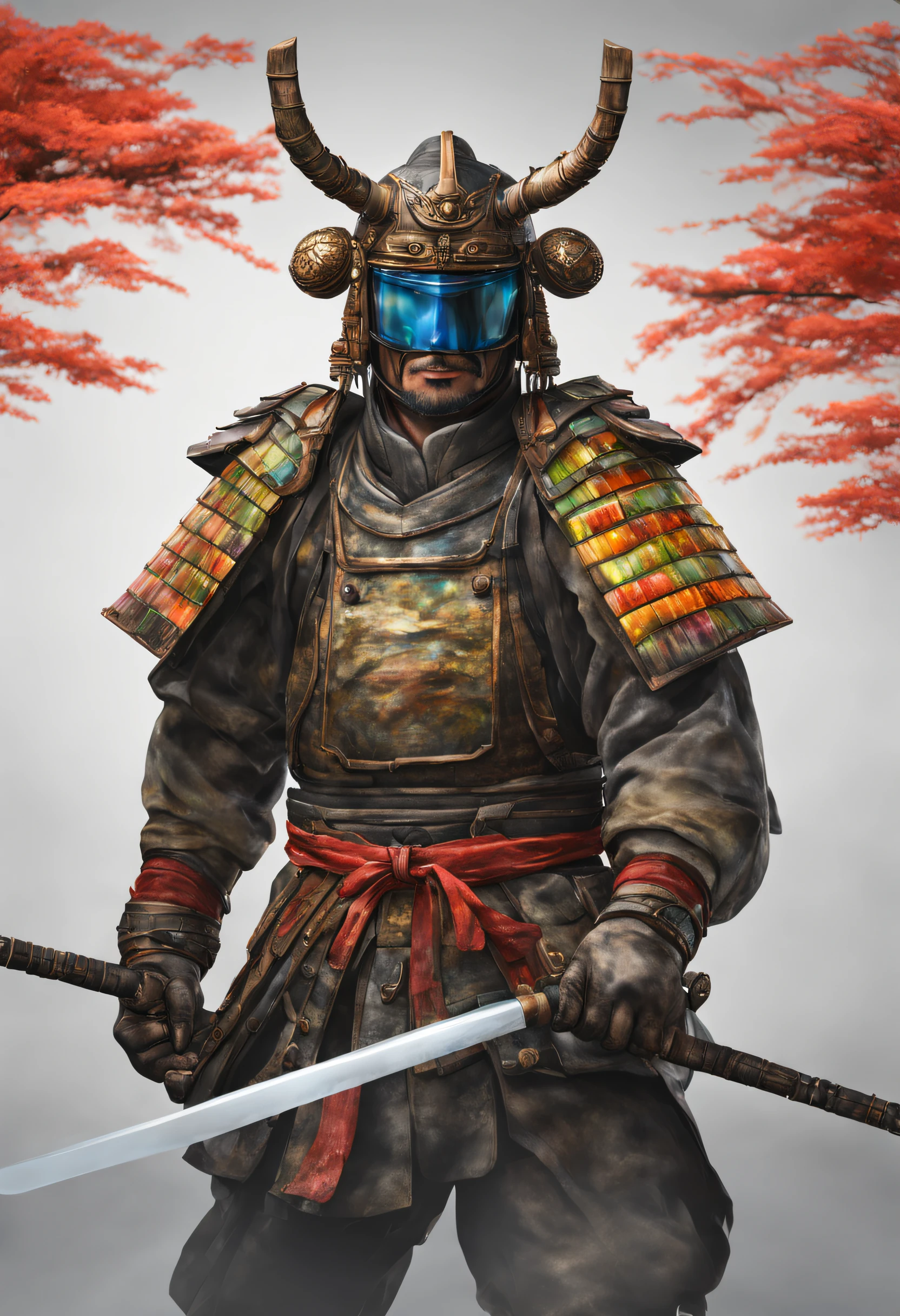 Das realistische Gesicht eines japanischen Ronin mit seiner Maske und seinem Helm aus buntem Glas, es ist realistisch und detailliert. Im Inneren sind kleine Farbtupfer sichtbar, als wäre es mit Wasser gefüllt
