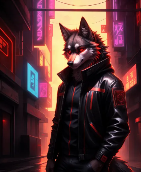 wolf , cyberpunk, portrait, black , red neon eyes, wearing stylish [black|red] clothes standing in a city, (sunrize:1.4), road, ...