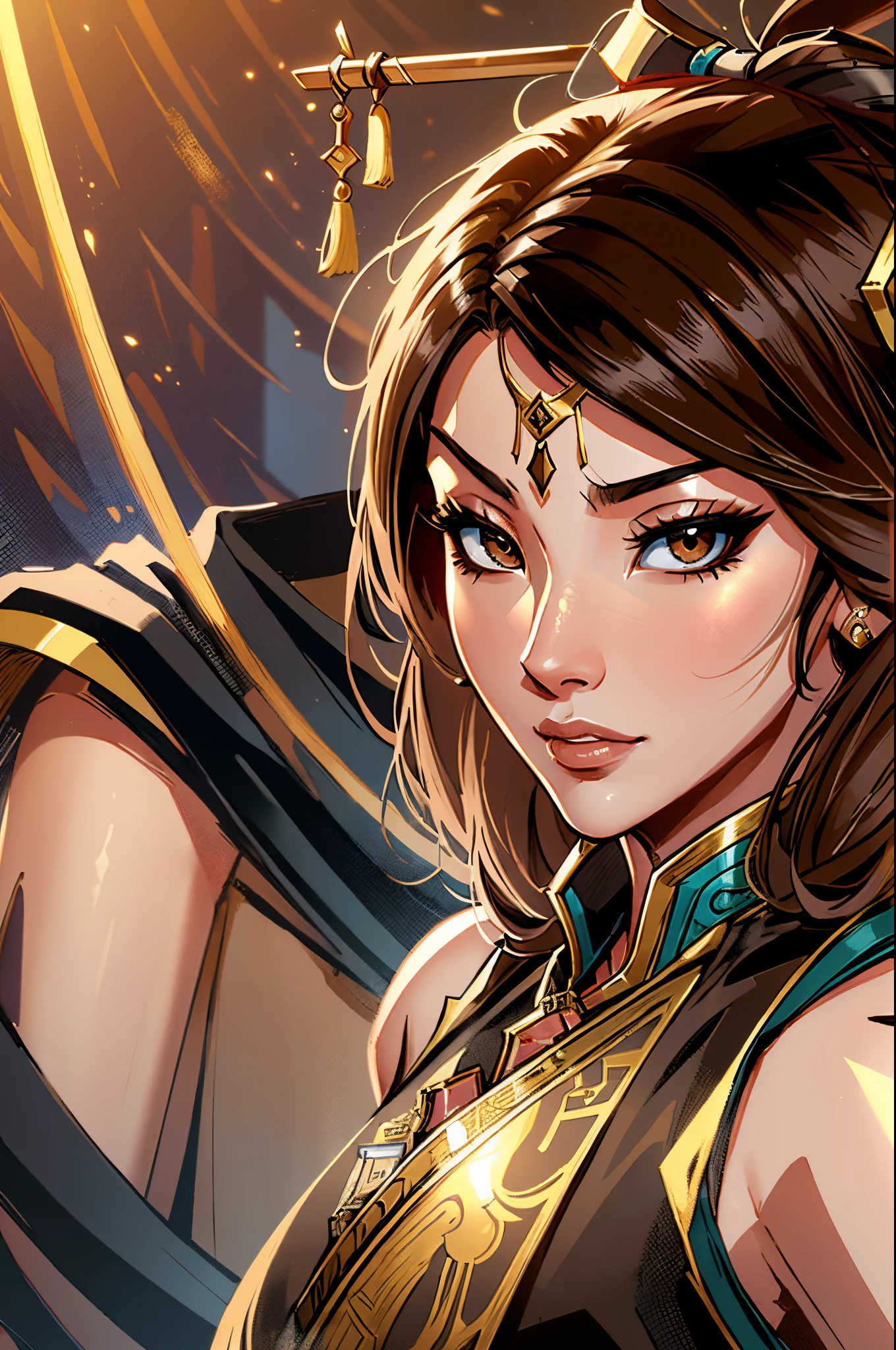 a close up of an arabian woman in her 30's, with brown eyes and brown hair, wearing a black and tan arabian clothes, a heroine with brown eyes, holding a bow and arrow, female archer with bow and arrow, standing in an arabian temple, new costume concept design, in the style of blade and soul, full body character concept, detailed character design, inspired by Yang Jin, inspired by Li Mei-Shu, chinese costume, inspired by Lan Ying, inspired by Sim Sa-Jeong, inspired by Li Tang, lunar themed attire, costume with gold accents, inspired by Ju Lian, colored concept art, highly detailed character design, highly detailed face, inspired by Ai Xuan, very highly detailed face, unreal engine render, final fantasy 14 style, inspired by Leng Mei