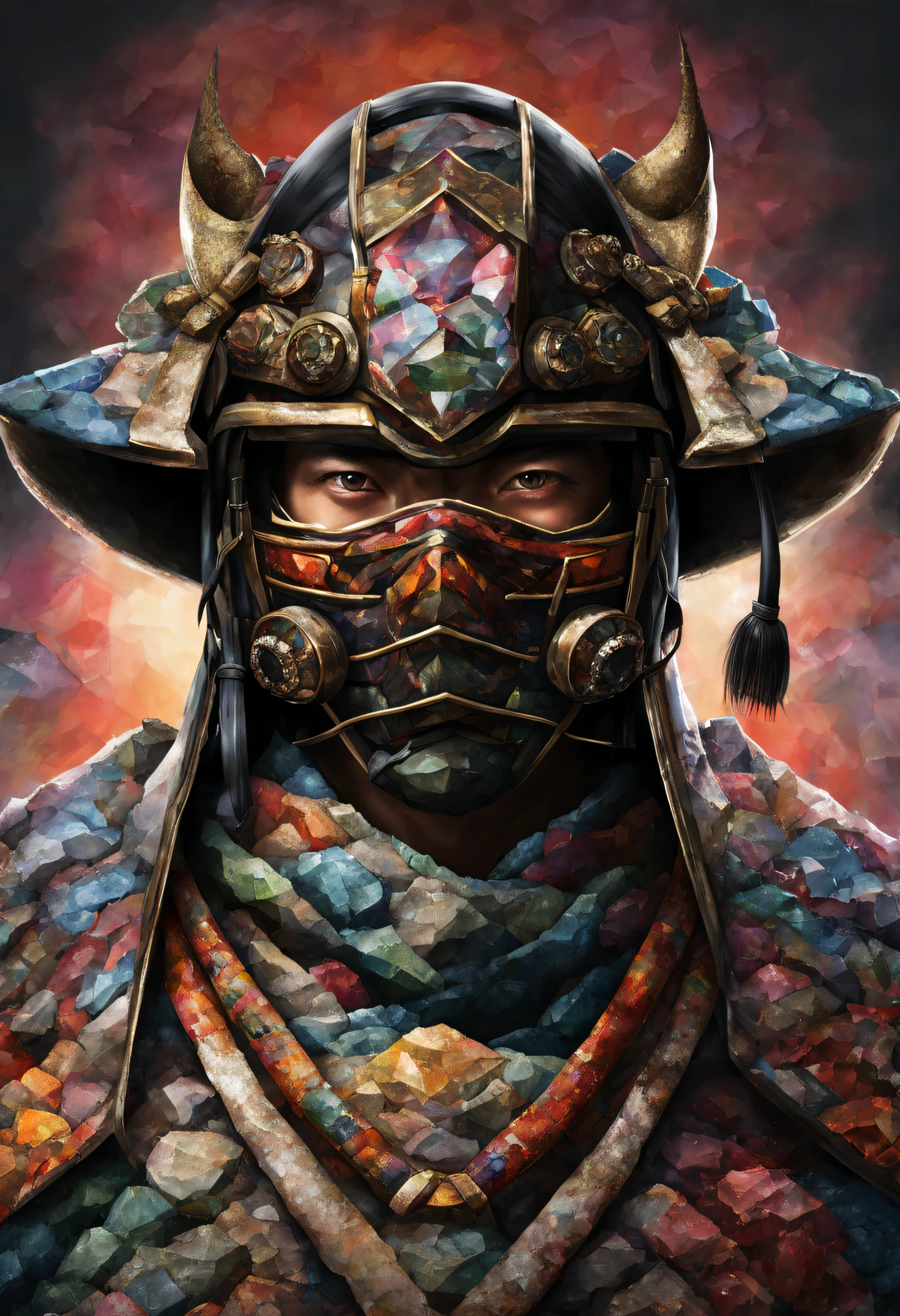 The realistic face of a Japanese ronin with his mask and helmet made of multicolored diamond and presious rock, it's realistic and detailed.