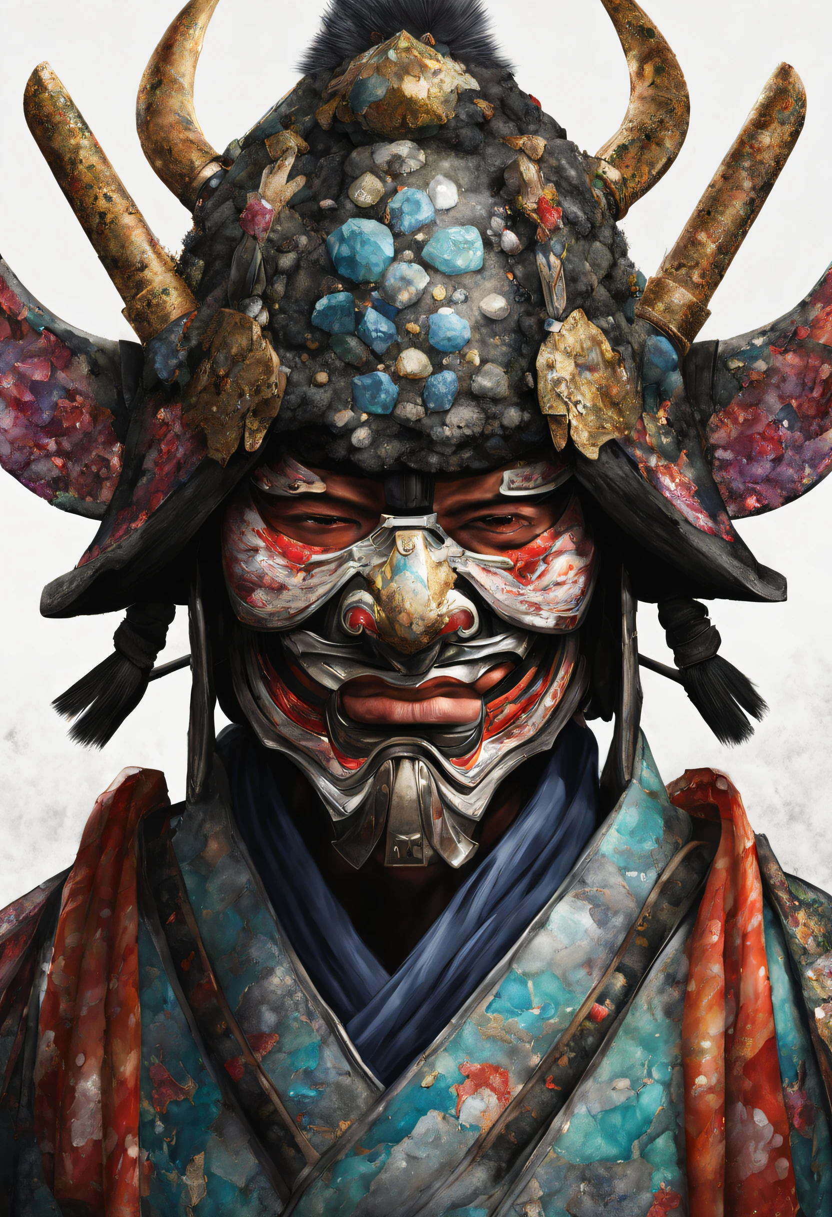 Das realistische Gesicht eines japanischen Ronin mit seiner Maske und seinem Helm aus mehrfarbigen Diamanten und Edelsteinen, es ist realistisch und detailliert.