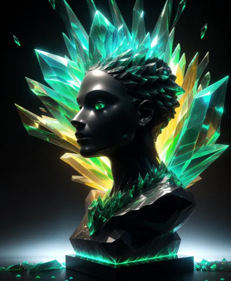 Ultra detailed shot of a dark sculpture made out of emerald obsidian and dark matter, incredible sculpture of a unique creature,...