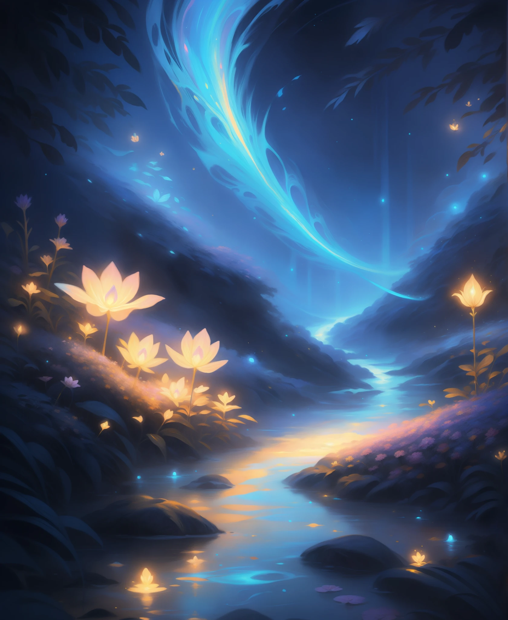 Ultra detailed illustration of a person lost in a magical world of wonders, glowy, bioluminescent flora, incredibly detailed, pastel colors, handpainted strokes, visible strokes, oil paint, art by Mschiffer, night, bioluminescence