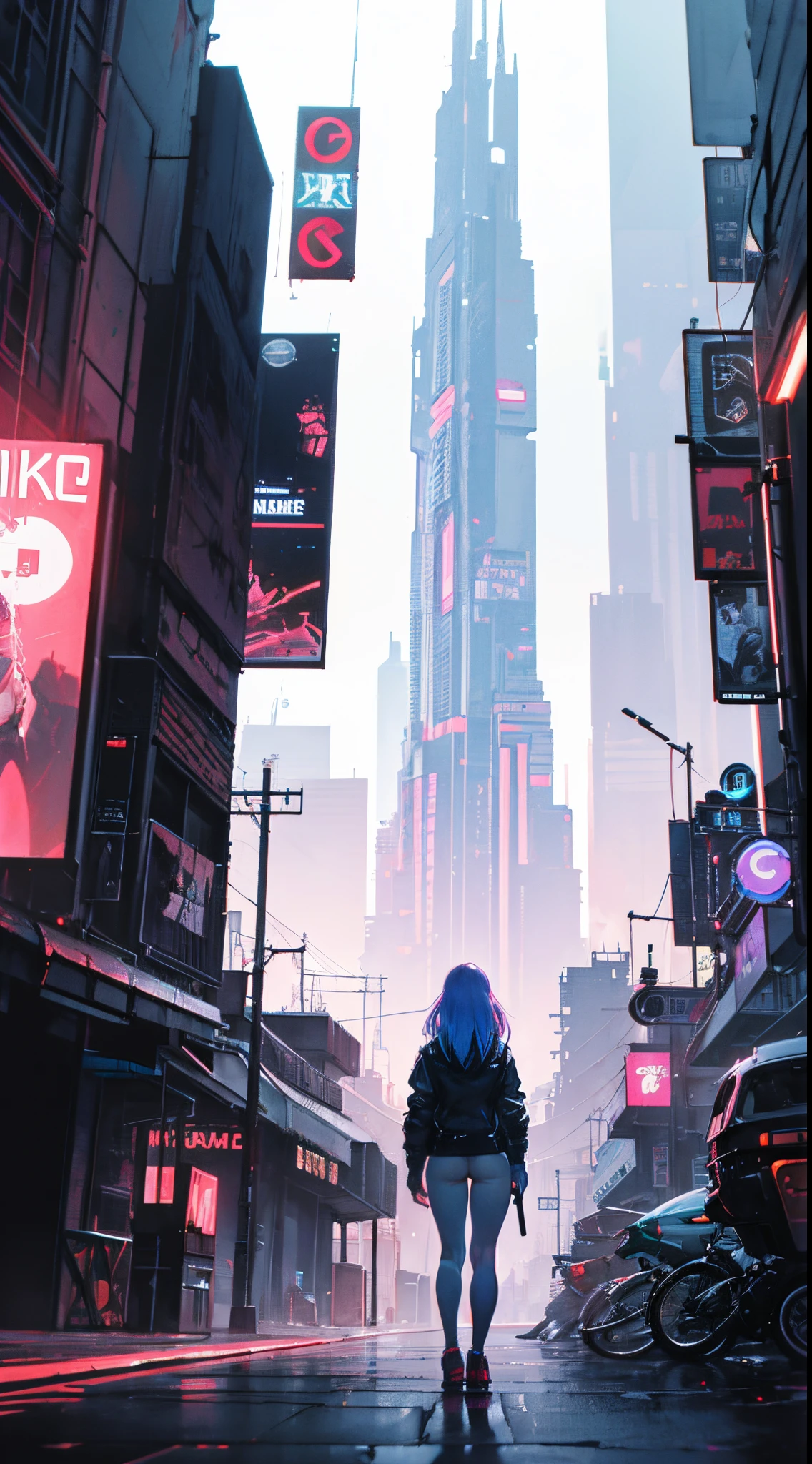 Cyber city with a woman walking down the street in the middle of the night  - SeaArt AI