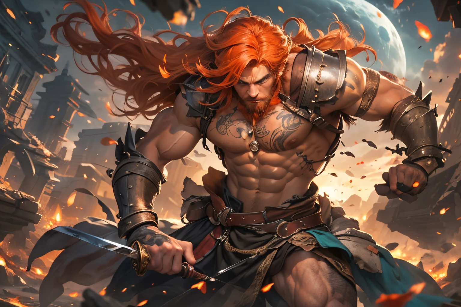male, muscular, bodybuilder, (1 man with long red hair, stubble, blue eyes), (1 man with long black hair, stubble, grey eyes), wearing loincloth, shirtless, wearing jewel encrusted harness for weapons, (tattoos), (stubble), gold ornaments, grim expression, warriors in battle in ruins of a stone temple, sword, cuts, blood, in a rust colored desert, two moons, orange sky, bokeh, raytracing, realistic textured skin, particle effects, depth of field, beautiful figure painting, bright light, amazing composition, HDR, volumetric lighting, ultra quality, elegant, highly detailed, masterpiece, best quality, high resolution,