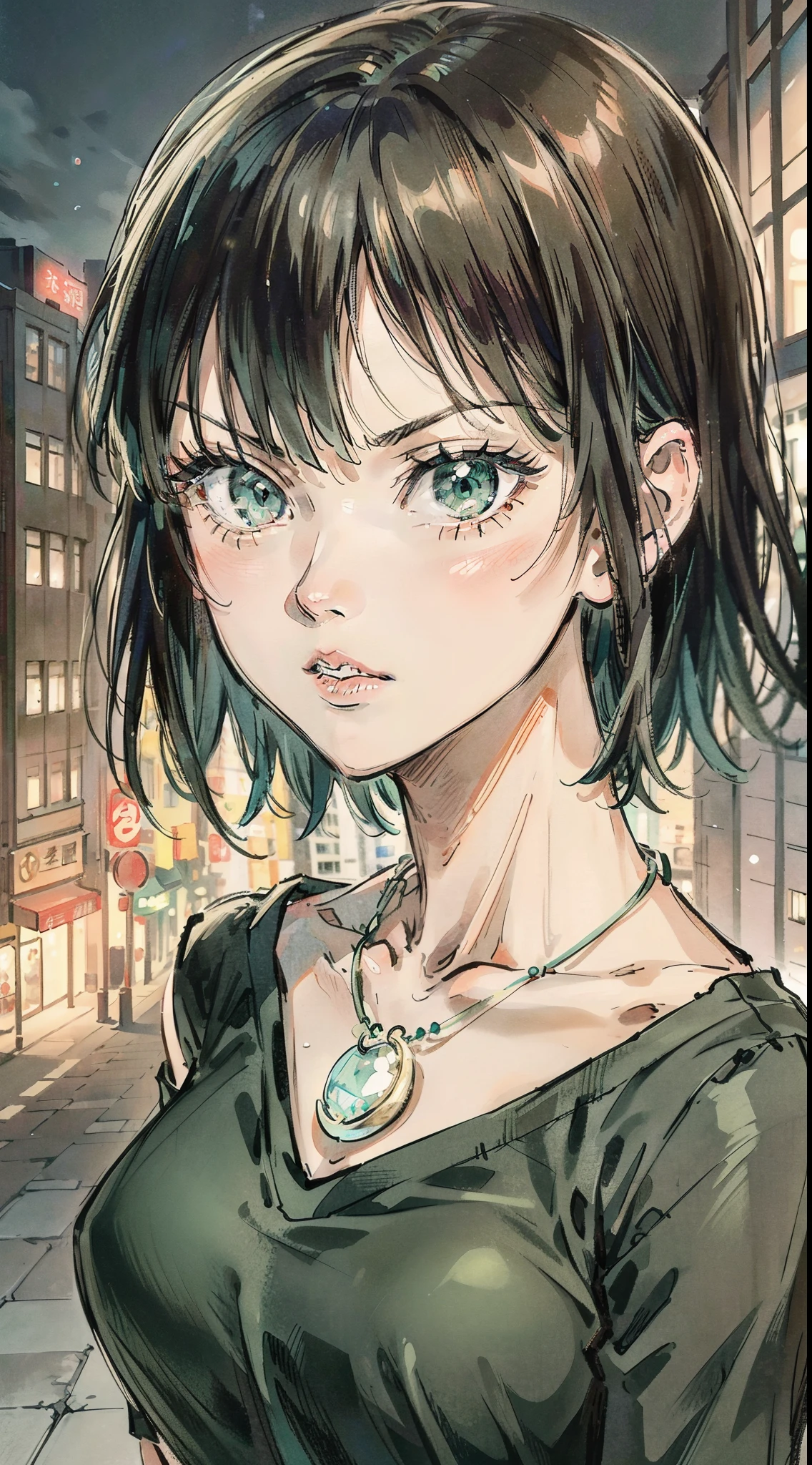 {8k image: 1.2}, 1girl, fubuki (one punch man), 23 years old, short green hair with bangs, medium breasts, wearing a black dress with a pearl necklace around her neck, looking at the viewer, {close on face}, city ​​background