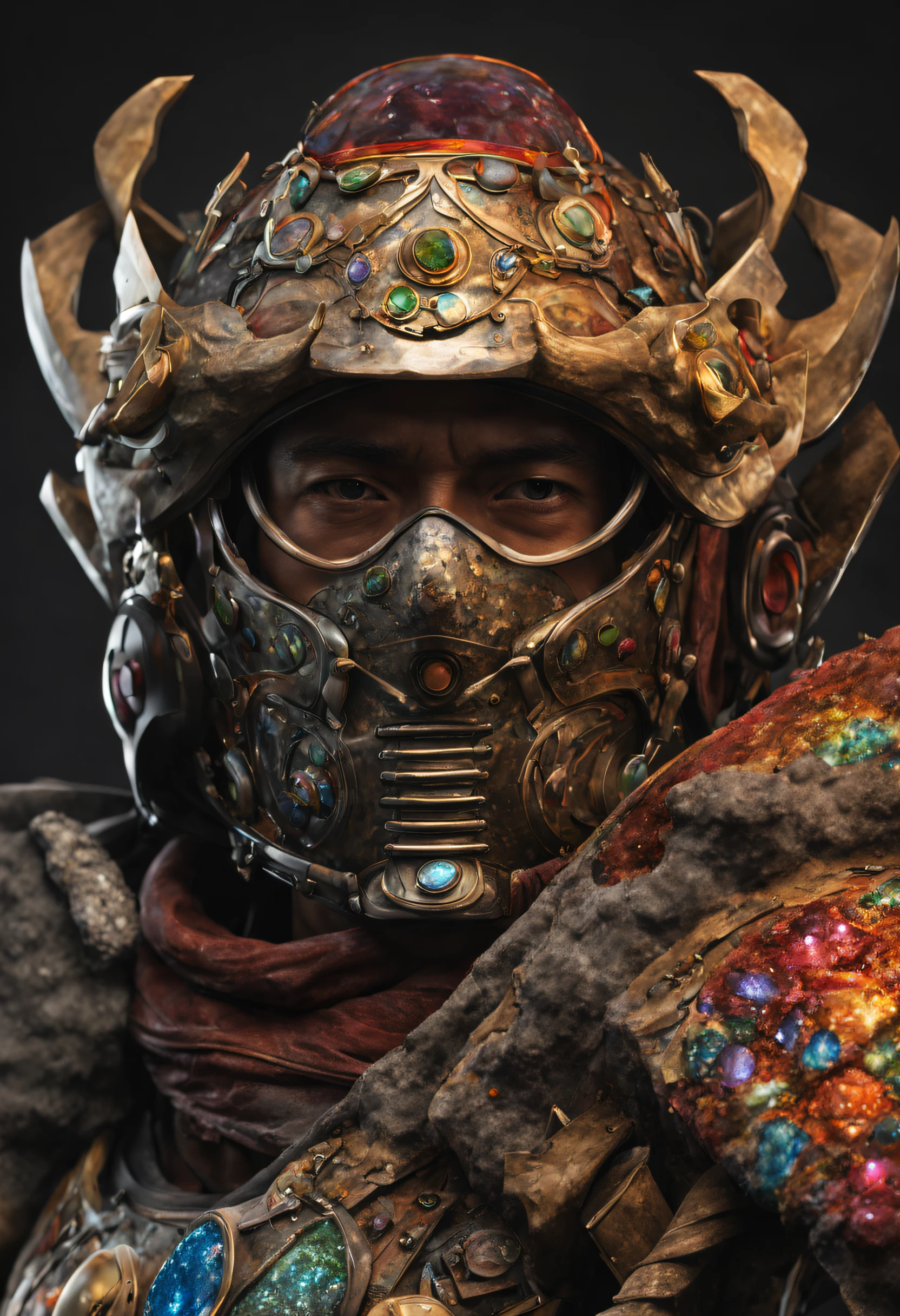 O rosto realista de um ronin biomeca japonês com sua máscara e capacete feitos de diamante multicolorido e rocha presiosa, é realista e detalhado.