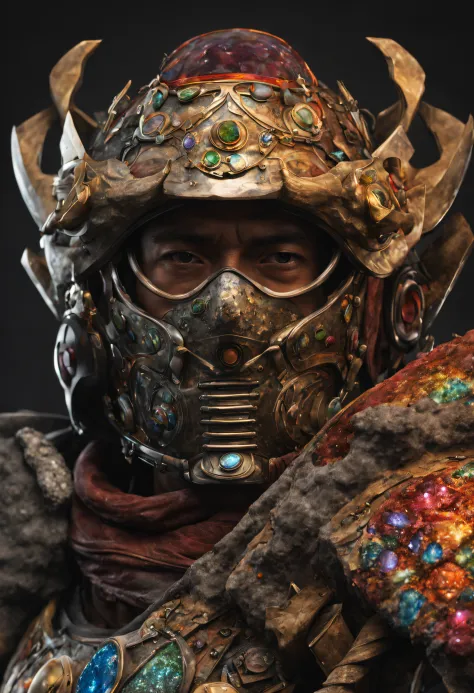The realistic face of a Japanese biomeca ronin with his mask and helmet made of multicolored diamond and presious rock, it's rea...