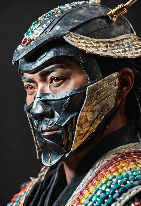 The realistic face of a Japanese biomeca ronin with his mask and helmet made of multicolored diamond and presious rock, it's rea...