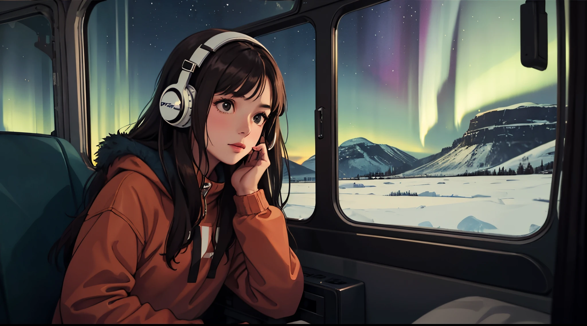 lofi relaxed brunette girl drives inside bus, looks through window and sees northern lights over Iceland. girl is at side of picture. girl has headphones. warm clothes. night. long hair