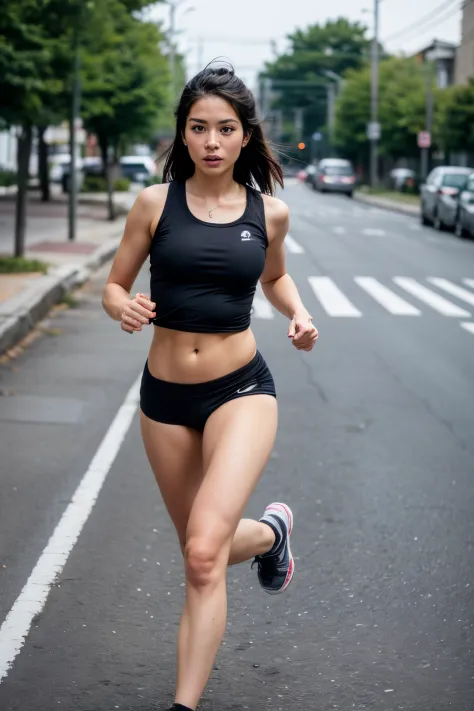 1 woman, 24 years old, running shorts, racerback, black hair, realistic, 4k, full body, small breasts