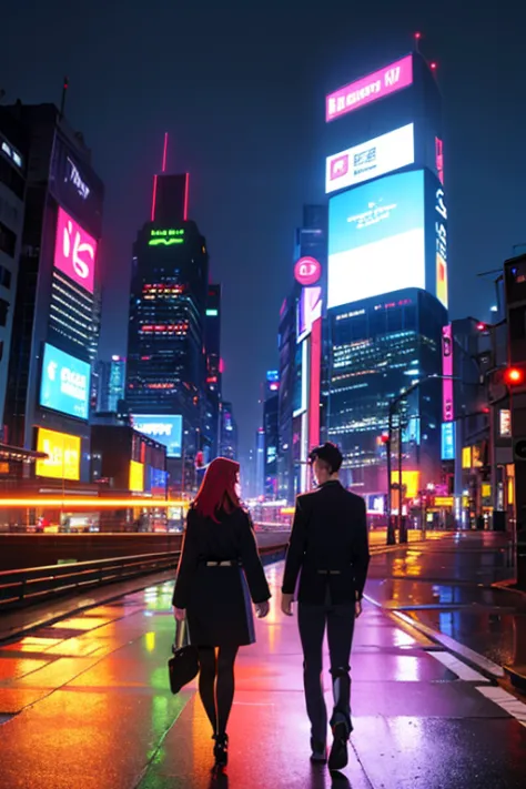 "(best quality,highres,ultra-detailed,realistic:1.37),cyberpunk,night,couple walking,talking and laughing in the city,red-haired...