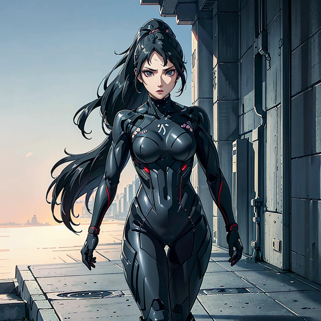 Sae Niijima, braided ponytail , black hairs, turquoise eyes, Makeup, wearing a Black crysis nanosuit, Wide Shot, High resolution, Ultra-pointu, 16k, Masterpiece, walking to the viewer,