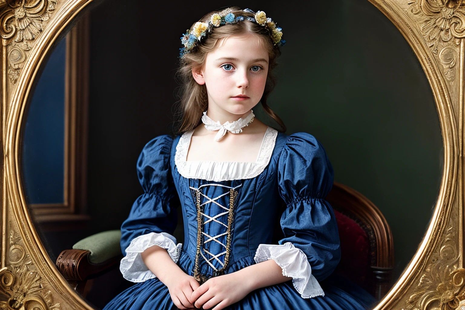 there is a young girl in a dress and a flower in her hair, victorian style costume, victorian blue dress, inspired by Alice Prin, lovely languid princess, portrait of princess, princess portrait, portrait of a princess, inspired by Sophie Gengembre Anderson, young victorian sad fancy lady, victorian dress, young girl in steampunk clothes, gothic princess portrait
