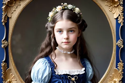 there is a young girl in a dress and a flower in her hair, victorian style costume, victorian blue dress, inspired by Alice Prin...
