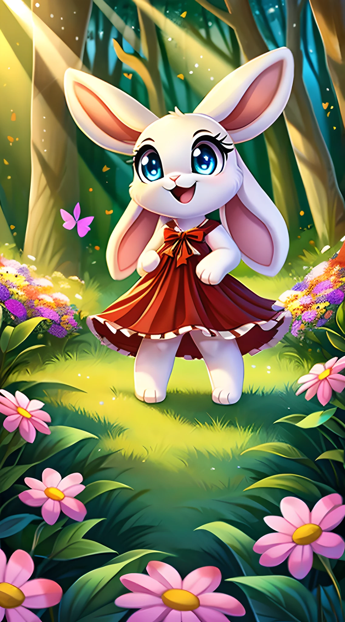 zoomed out image, cute style art, fantasy style art, cute, adorable, short character, small, tiny little fluffy female white bunny with blue eyes, 4 ears, 2 extra ears, big floppy ears, long ears, ears perked up, raised ears, long eyelashes, poofy rabbit tail, wearing a red frilly ribbon dress, smiling, standing in a colorful fantasy forest, soft tones, big expressive smile, open mouth, wide eyes, excited eyes, excited face, stunning visuals, sunlight coming through the trees, flowers scattered in the bushes, butterflies in the air, digital illustration