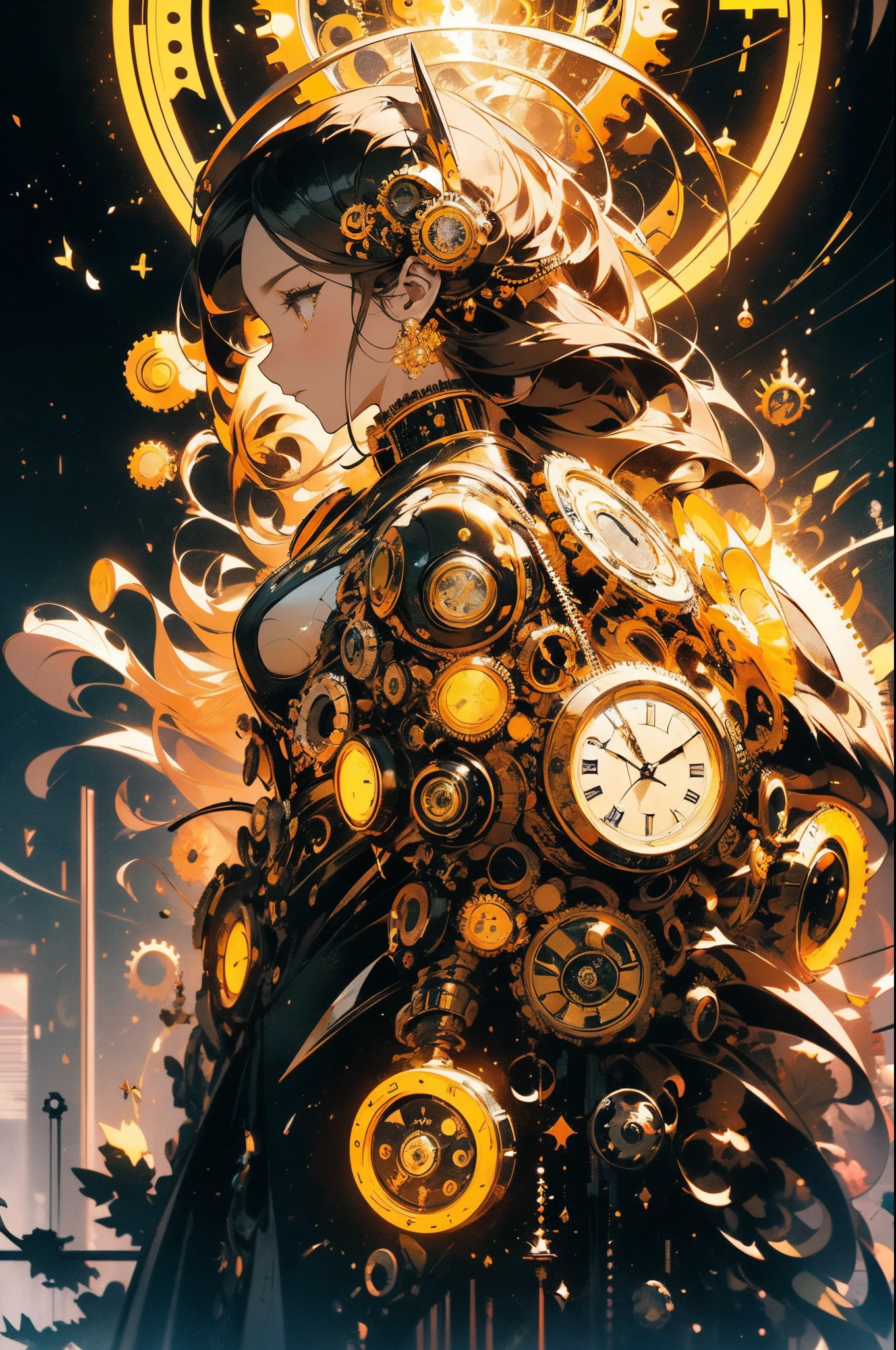masterpiece, concept art, (beautiful and aesthetic:1.5), surrealism, a side view portrait illustration of a woman in a yellow and black outfit, adorned with gears and clocks hair ornament, cyberpunk art, featured on pixiv, rococo, very long white flowing hair, small gears and clocks background, color page, gray, clocks, hazmat suit, epic composition, epic proportion, HD