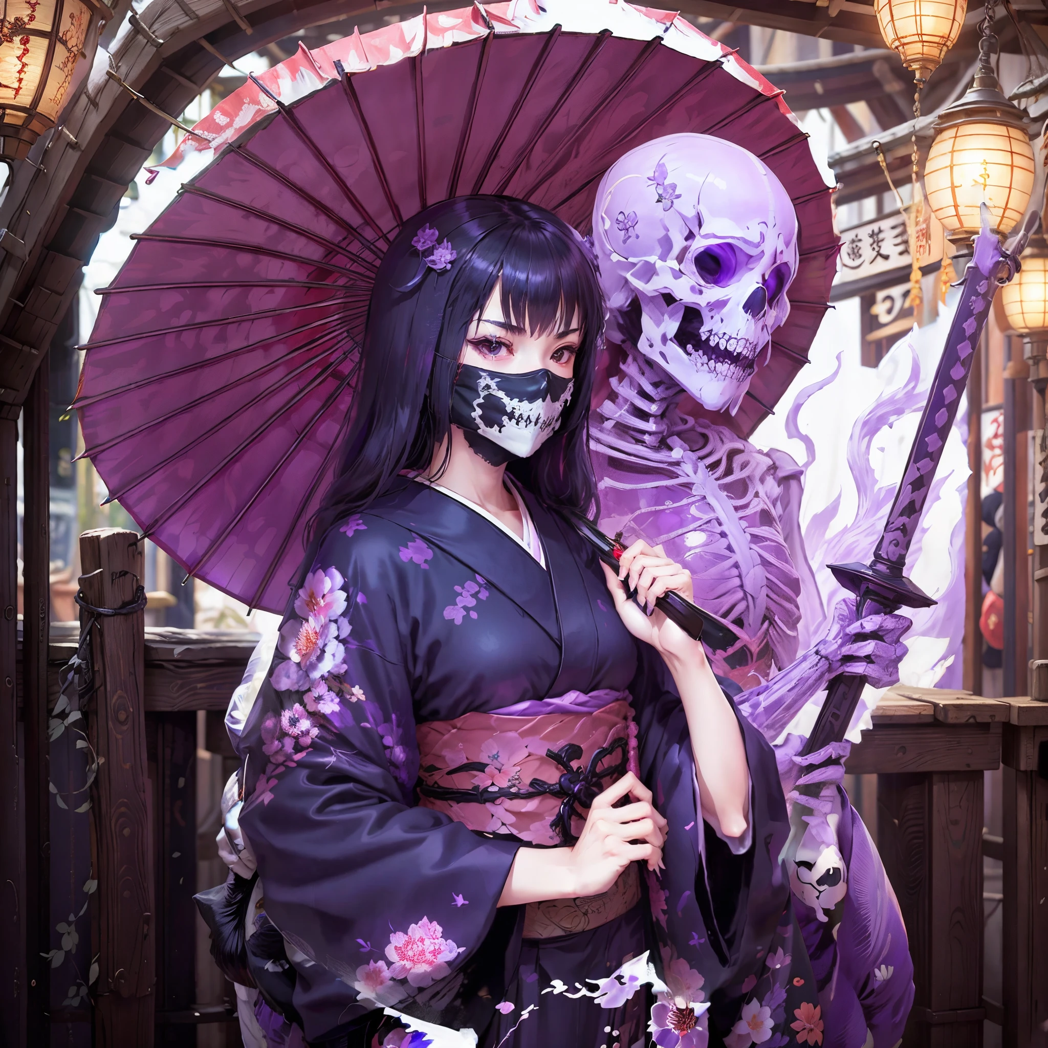 Garota de quimono. ela levanta sua espada. Guarda-chuva japonês. usar ossos. Uma máscara em forma de esqueleto que cobre a boca. Um esqueleto roxo translúcido aparece atrás da garota. Chama Roxa.