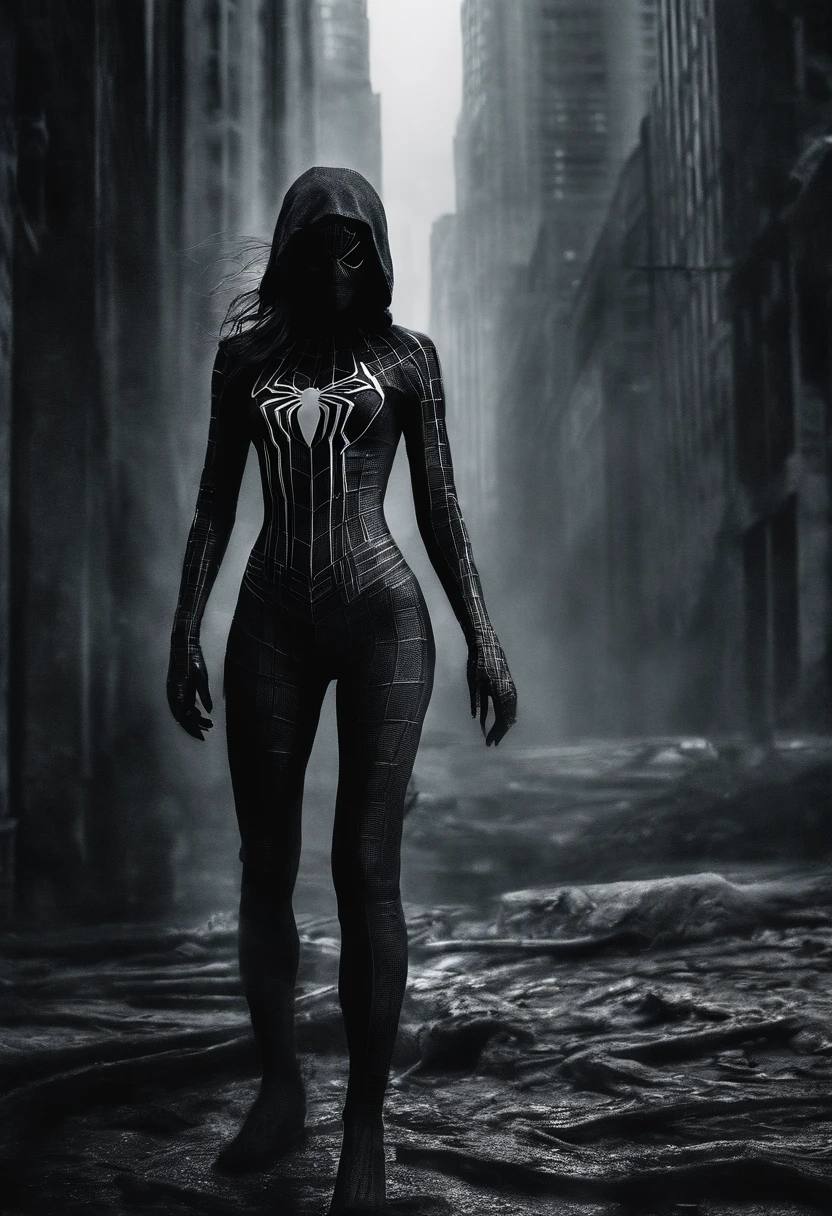 A woman in a spider - suit stands in a dark alley - SeaArt AI