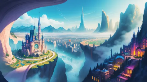 mystical modern city full of magic, city in a valley, majestic, day time, whimsical