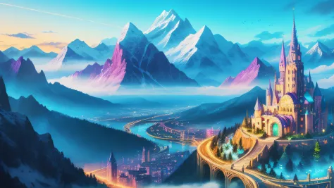 mystical modern city full of magic, city in a valley, majestic, day time, whimsical. mountain range