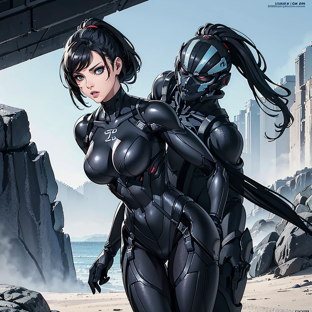 A sketch of Peta Jensen, Short Ponytail , hair pulled back, black hairs, turquoise eyes, Makeup, wearing a Black crysis nanosuit, Wide Shot, High resolution, Ultra-pointu, 16k, Masterpiece, walking to the viewer,