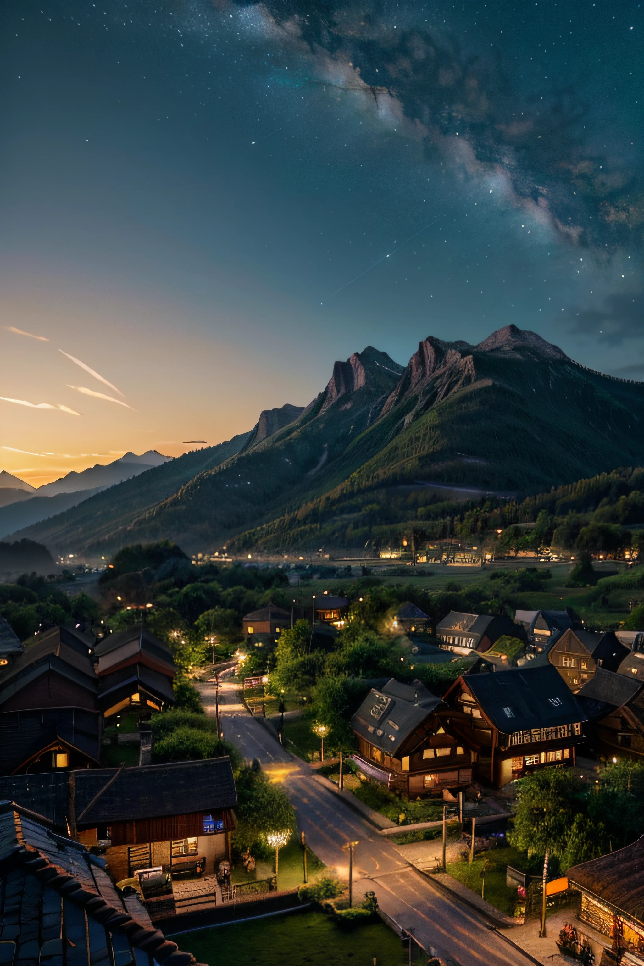 Night time view of a town with a mountain in the background - SeaArt AI