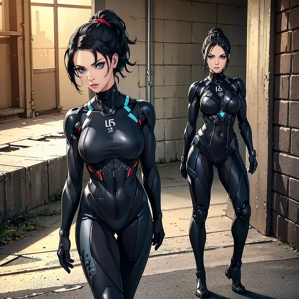 A sketch of Peta Jensen, Short Ponytail , hair pulled back, black hairs, turquoise eyes, Makeup, wearing a Black crysis nanosuit, Wide Shot, High resolution, Ultra-pointu, 16k, Masterpiece, walking to the viewer,