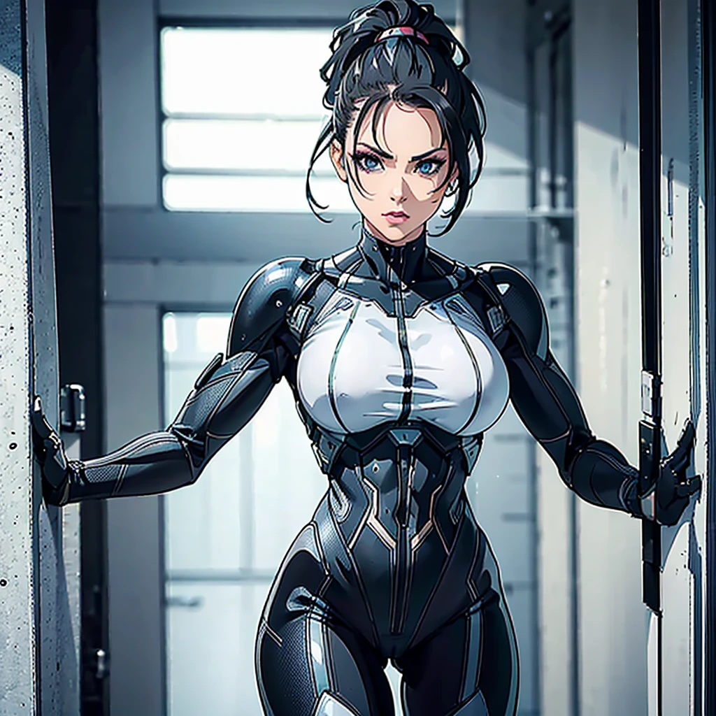 A sketch of Peta Jensen, Short Ponytail , hair pulled back, black hairs, turquoise eyes, Makeup, wearing a Black crysis nanosuit, Wide Shot, High resolution, Ultra-pointu, 16k, Masterpiece, standing front to the viewer,