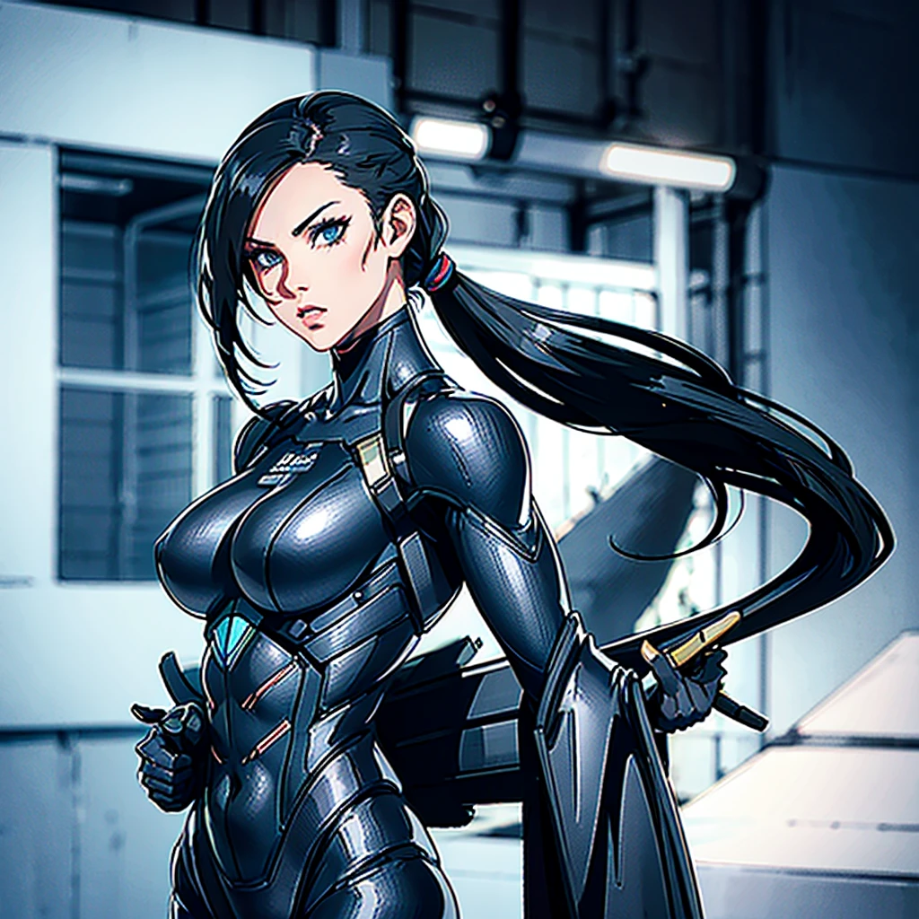 A sketch of Peta Jensen, Short Ponytail , hair pulled back, black hairs, turquoise eyes, Makeup, wearing a Black crysis nanosuit, Wide Shot, High resolution, Ultra-pointu, 16k, Masterpiece, standing front to the viewer,,