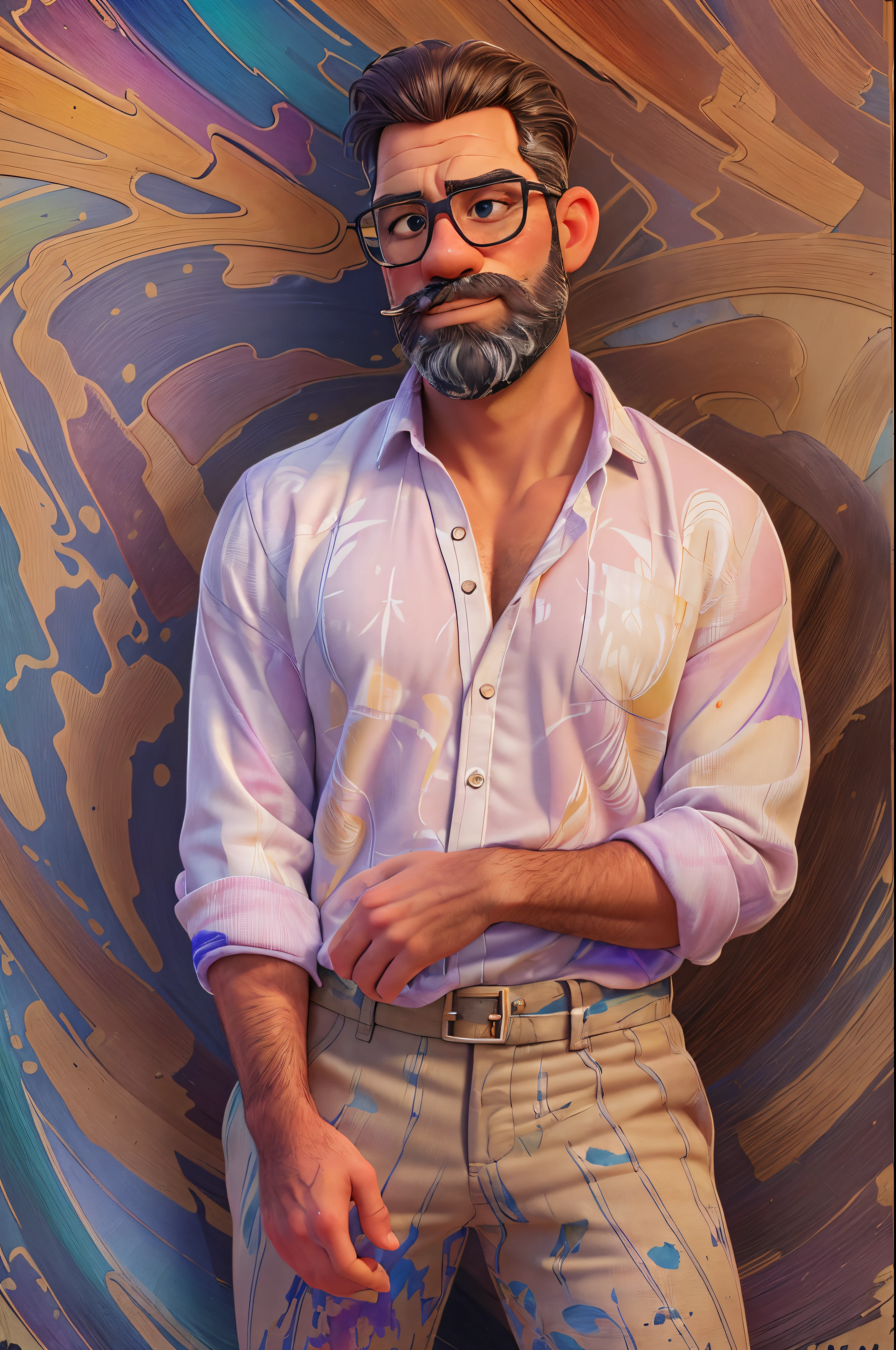 (best quality,4k,8k,highres,masterpiece:1.2),ultra-detailed,(realistic,photorealistic,photo-realistic:1.37),39 year old man,gradient hair,gradient beard,no mustache,strong jawline,sharp features,piercing eyes,intense gaze,distinguished appearance,sophisticated look,wise expression,wisdom and experience,confident smile,stylish outfit,fashionable attire,casual elegance,modern and classy,standing against a colorful abstract background,subtle lighting,soft shadows,rich color palette,vibrant hues,contrasting tones,artistic style,impressionist touch,elegant brushstrokes,texture and depth,realistic rendering,sophisticated details,meticulous attention to facial features,subtle wrinkles and lines,highly defined hair strands,perfectly groomed beard,fine skin texture and pores,detailed clothing folds and patterns,aesthetic composition,balanced and harmonious,fine art quality,painted on a canvas,portrait format,a masterpiece capturing the essence of age and wisdom.